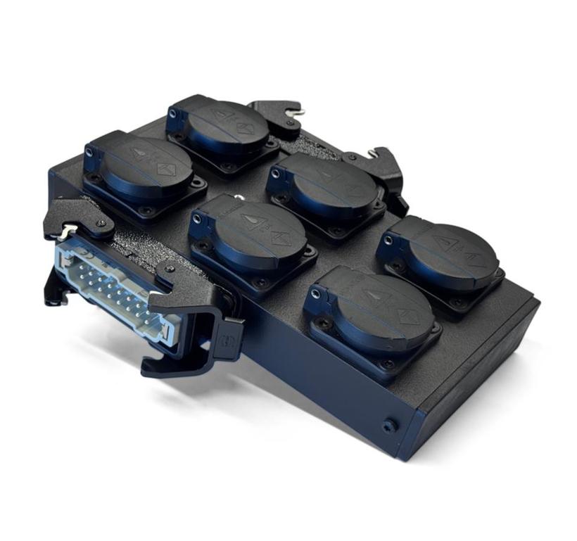 Ultralite Powerbox 6 (Alu) mit 2. Hartinganschluss, SCHWARZ IN 1x HB16 /  OUT 6x Schuko  OUT 1x HB16, inkl. M10 Hülse