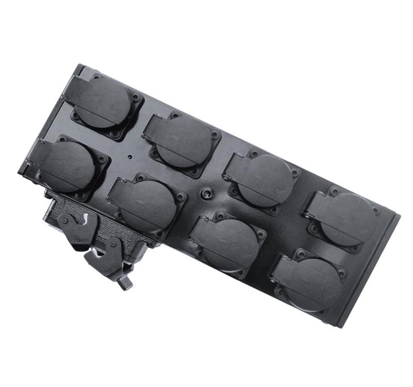 Ultralite Powerbox 8 (Alu), SCHWARZ mit 1. Hartinganschluss IN 1x HB16 /  OUT 8x Schuko inkl. M10 Hülse
