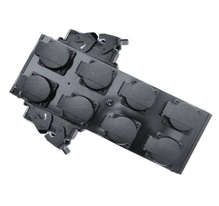 Ultralite Powerbox 8 (Alu), SCHWARZ mit 2. Hartinganschluss, In 2 x HB16 /  OUT 8x Schuko, inkl. M10 Hülse
