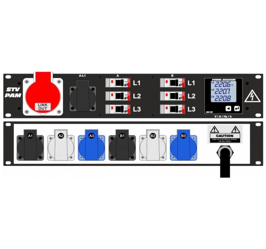 Ultralite Stromvert. STVPAM 16A, IN: CEE16 Kabel 2m/rücks. OUT: 1 CEE16, 1 Schuko vorne, 6 Schuko rücks., 6 LS C16