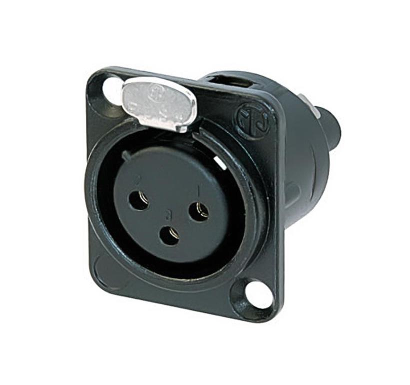Neutrik 3 polige Chassisbuchse, D-Gehäuse, Schraubanschlüsse für Kabeldicke 0.14mm² bis 0.5mm² (AWG 26 -20), schwarz-