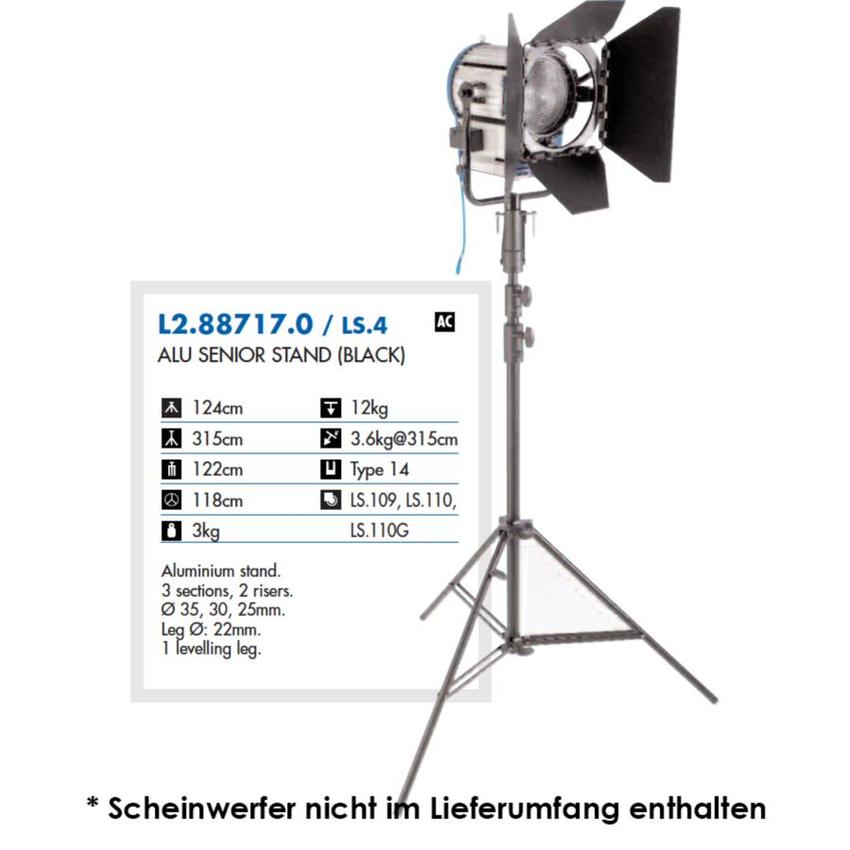 ARRI Beleuchtungsstativ Alu, schwarz, 007BU, LS.4, 2 Ausz. Höhe 124-315cm, geschl. 122cm, Zapfen 16mm, Hülse 28mm, max.