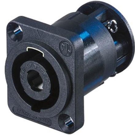 Speakon 4pol Einbaust., schwarzer D-Form Flansch, Durchgangsmontagelöcher, Schraubanschl. Keine luftd. Verb.