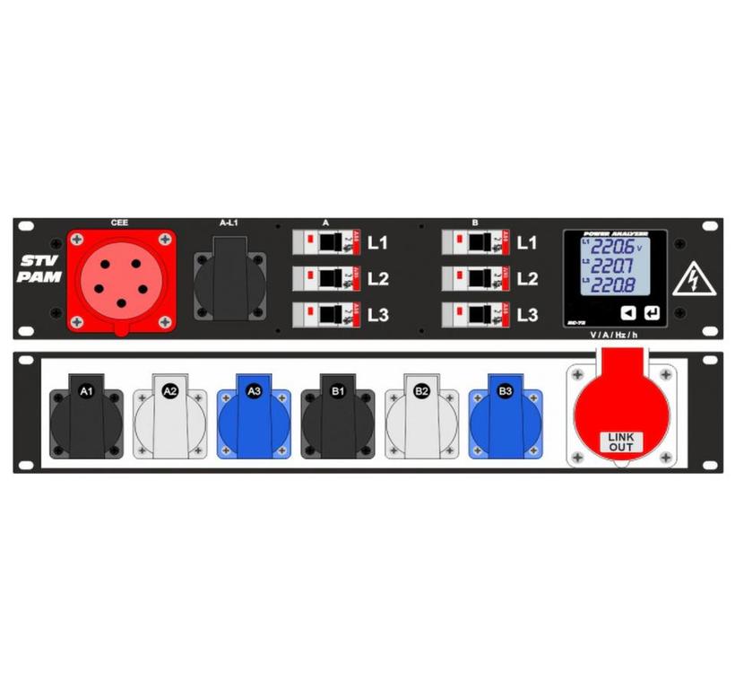 Ultralite Stromvert. STVPAM 16A, IN: CEE16 Anbaust./vorne OUT: 1 CEE16, 6 Schuko rücks., 1 Schuko vorne, 6 LS C16