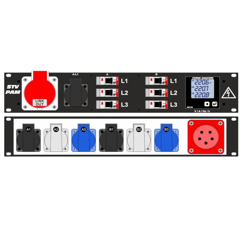 Ultralite Stromvert. STVPAM 16A, IN: CEE16 Anbaust./rücks. OUT: 1 CEE16, 1 Schuko vorne, 6 Schuko rücks., 6 LS C16