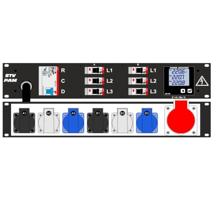 Ultralite Stromvert. STVPAM 16A, FI, IN: CEE16 Ka. 2m/vorne OUT: 1 CEE16, 6 Schuko rücks., 6 LS C16, FI 0.03A