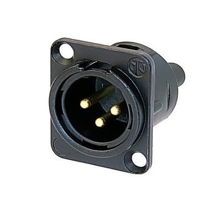 Neutrik 3 polige Chassisstecker, D-Gehäuse, Schraubanschl. für Kabeldicke 0.14mm² bis 0.5mm² (AWG 26 -20), schwarz-