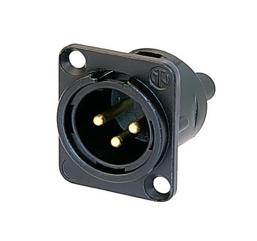 Neutrik 3 polige Chassisstecker, D-Gehäuse, Schraubanschl. für Kabeldicke 0.14mm² bis 0.5mm² (AWG 26 -20), schwarz-