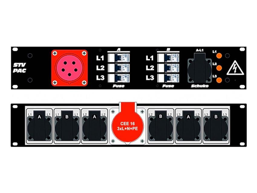 Ultralite Stromvert. STVPAC 16A, IN: CEE16 Anbaust./vorne OUT: 1 CEE16, 6 Schuko rücks., 1 Schuko vorne, 6 LS C16