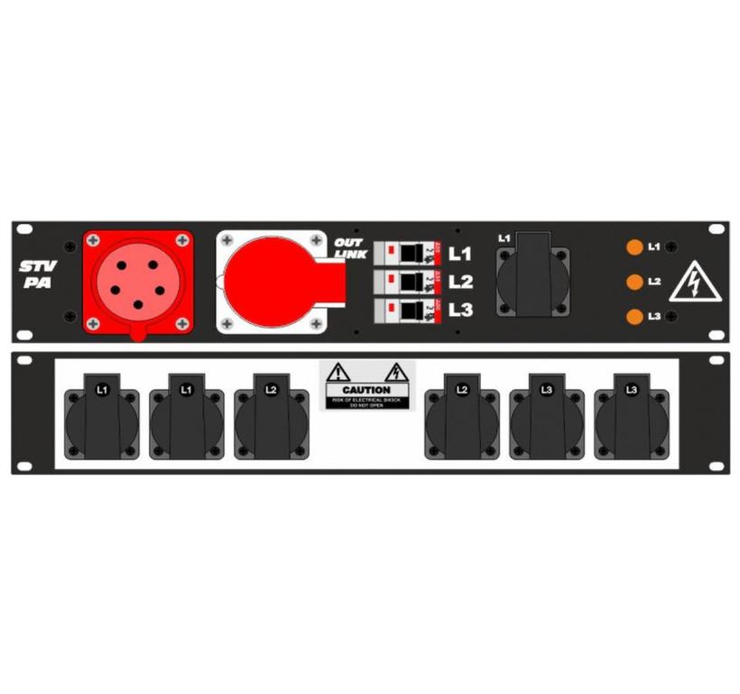 Ultralite Stromvert. STVPA 16A, IN: CEE16 Anbaust./vorne OUT: 1 CEE16, 1 Schuko vorne., 6 Schuko rücks., 3 LS C16
