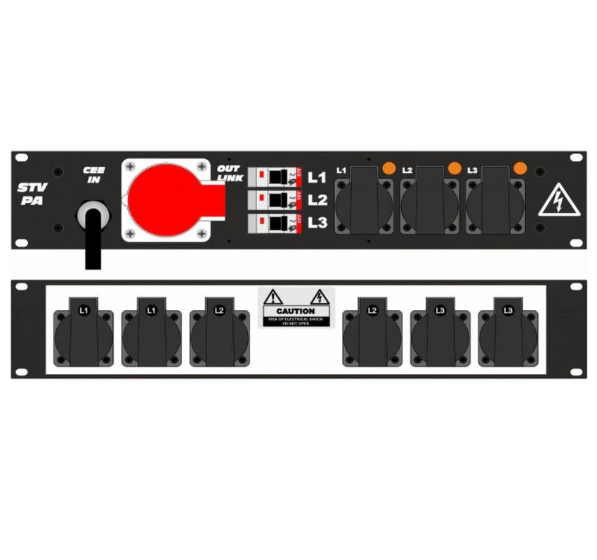 Ultralite Stromvert. STVPA 16A, IN: CEE16 Anbaust./vorne OUT: 1 CEE16 3 Schuko vorne, 6 Schuko rücks., 3 LS C16