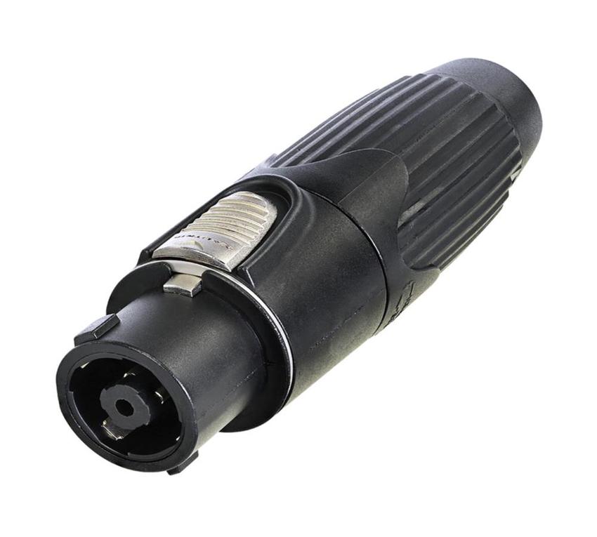 Speakon 8pol Kabelbu., schwarzes Metall-Gehäuse, Spannzangenzugentlastung, Lötanschlüsse, IP 50