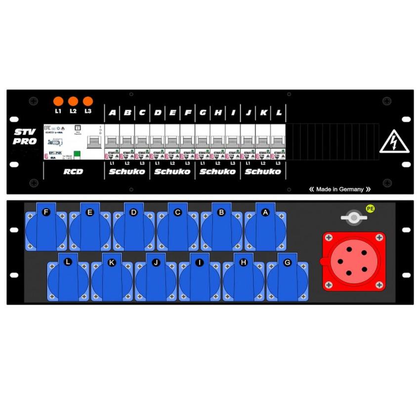 Ultralite Stromvert. STV 32A, FI, IN: CEE32 Anbaust./rücks. OUT: 12 Schuko rückseitig, 12 LS C16