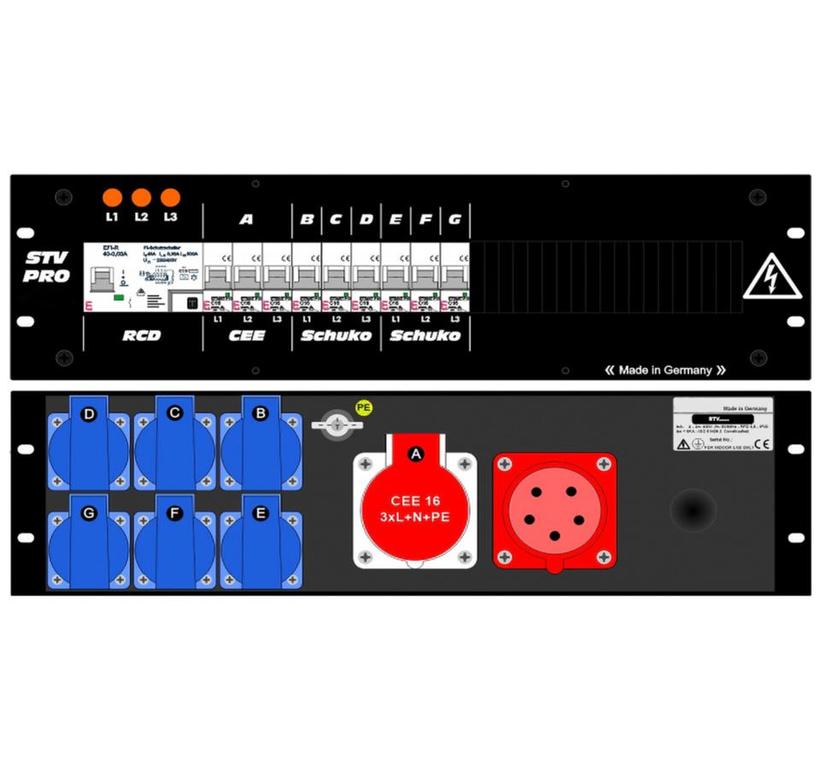 Ultralite Stromvert. STV 32A, FI, IN: CEE32 Anbaust./rücks. OUT: 1 CEE16, 6 Schuko rücks., 9 LS C16