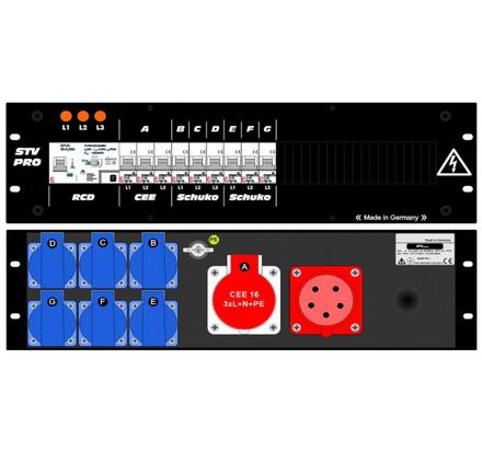 Ultralite Stromvert. STV 32A, FI, IN: CEE32 Anbaust./rücks. OUT: 1 CEE16, 6 Schuko rücks., 9 LS C16