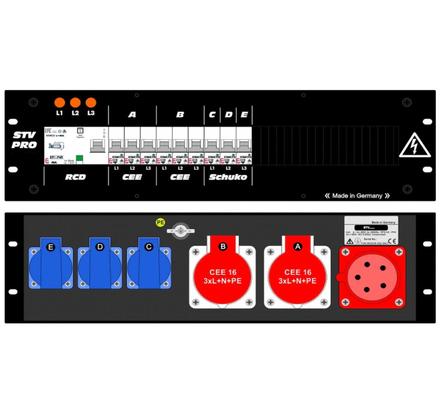 Ultralite Stromvert. STV 32A, FI, IN: CEE32 Anbaust./rücks. OUT: 2 CEE16, 3 Schuko rücks., 9 LS C16