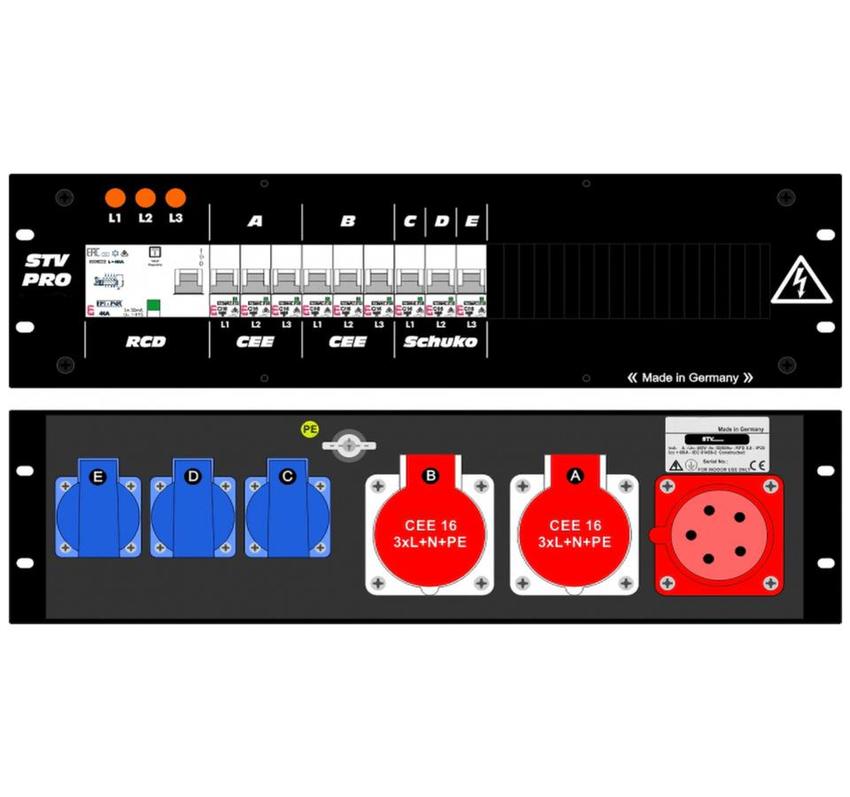 Ultralite Stromvert. STV 32A, FI, IN: CEE32 Anbaust./rücks. OUT: 2 CEE16, 3 Schuko rücks., 9 LS C16