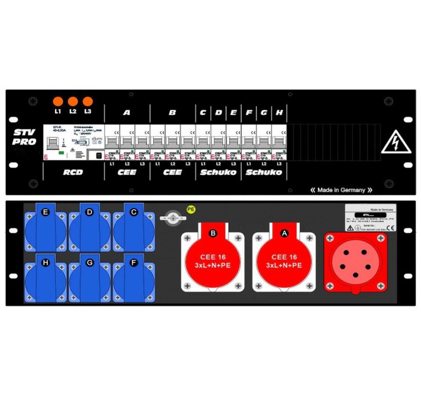 Ultralite Stromvert. STV 32A, FI, IN: CEE32 Anbaust./rücks. OUT: 2 CEE16, 6 Schuko rücks., 12 LS C16