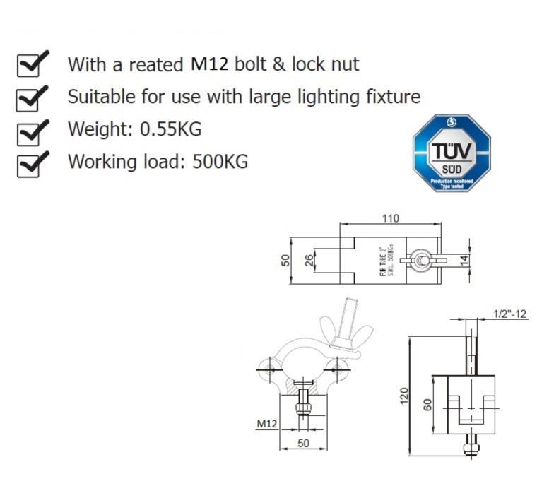 Ultralite Coupler, Half Coupler Montageschelle, M12-Schraube 48-51mm, mit TÜV, belastbar bis 500kg, KCP-831-M12
