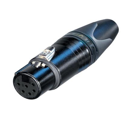 6-polige Kabelbuchse mit schwarz-verchromtem Gehäuse und Gold beschichteten Kontakten