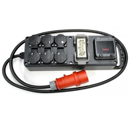 Ultralite Switchpack 06x08A, Vollgummi, DMX, In: CEE16A, 5p Kabel 2m, Out: 6x Schuko, 1x Hart. HAN16E, (1:9, 2:10 usw.)
