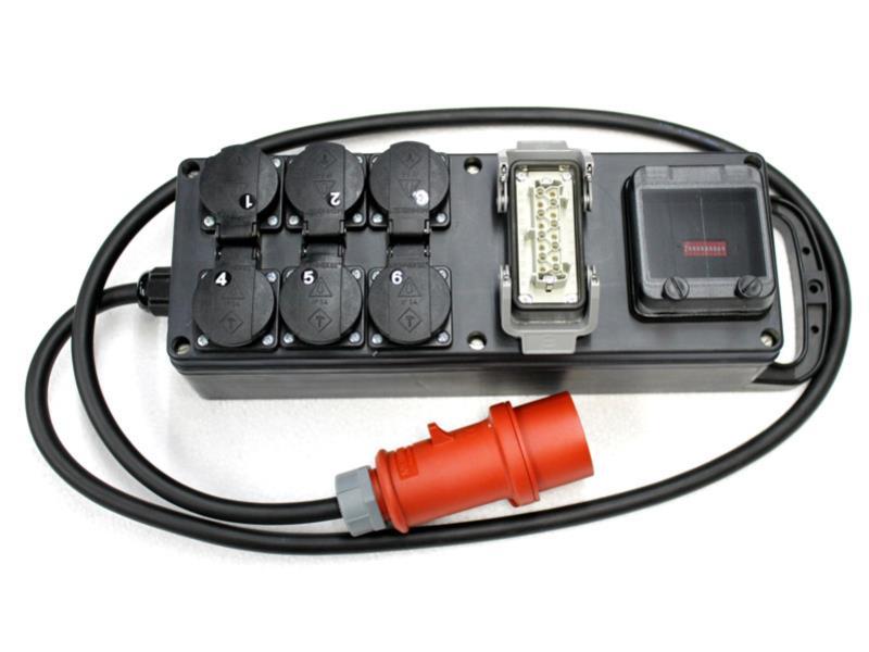 Ultralite Switchpack 06x08A, Vollgummi, DMX, In: CEE16A, 5p Kabel 2m, Out: 6x Schuko, 1x Hart. HAN16E, (1:9, 2:10 usw.)