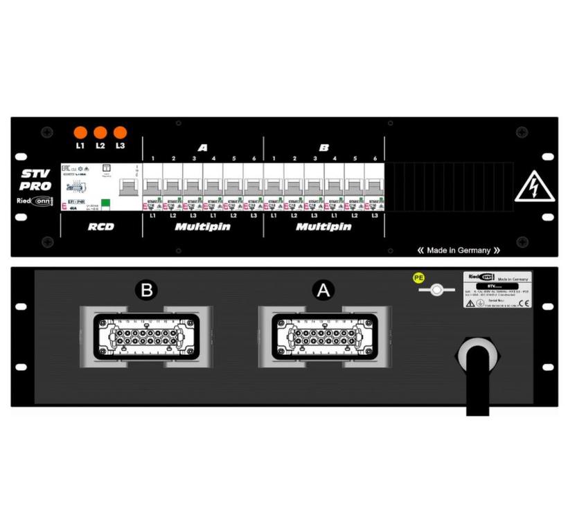 Ultralite Stromvert. STV32, 19" Gehäuse 3HE, schwarz IN: CEE32,2m Kabel, OUT: 2x HB16, 1x RCD, 12x LSC16