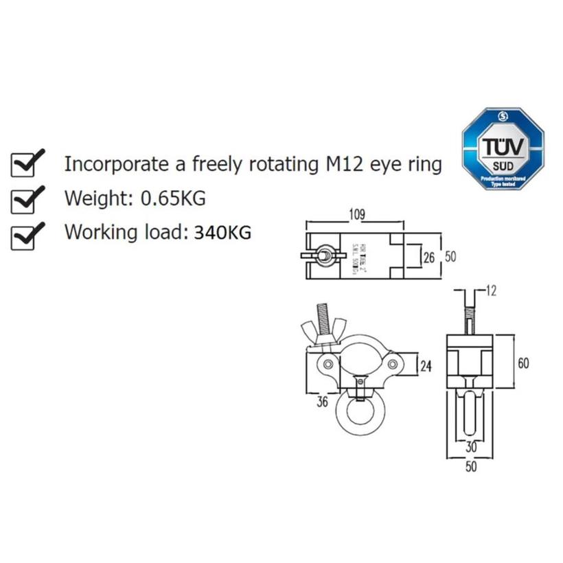 Ultralite Coupler Eye Ring, mit M12 Ringmutter, schwarz 48-51mm, mit TÜV, belastbar bis 340kg, Code: KCP-833B