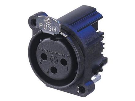 Neutrik 3pol-XLR Chassisbu., Erdung: Geh. des Gegenst. mit Pin 1 & Front Panel, linksseitige Leiterplattenmontage