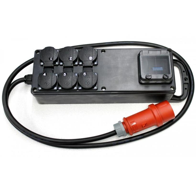 Ultralite Switchpack 06x08A, Vollgummi, DMX, In: CEE16A, 5p Kabel 2m, Out: 6x Schuko, 2 Stück pro Phase (max. 16A/ph)