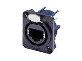 Neutrik RJ45 Chassisbuchse in schwarz verchromten D-Gehäuse, vert. Leiterplatten-Version, max. Frontplattenstärke 4 mm