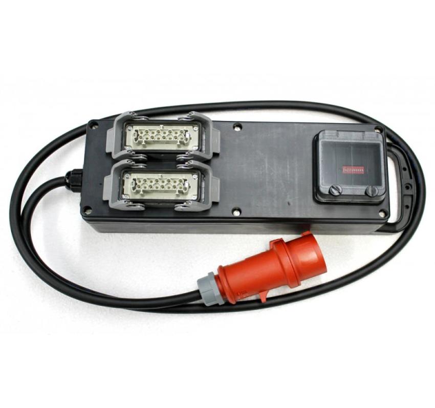 Ultralite Switchpack 06x08A, Vollgummi, DMX, In: CEE16A, 5p Kabel 2m, Out: 2x Harting HAN 16E, (1:9, 2:10, 3:11 usw.)