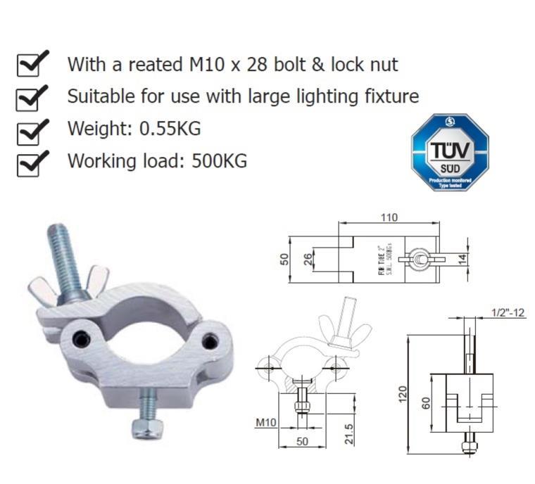 Ultralite Coupler, Half Coupler Montageschelle, M10-Schraube 48-51mm, mit TÜV, belastbar bis 500kg, Code: KCP-831