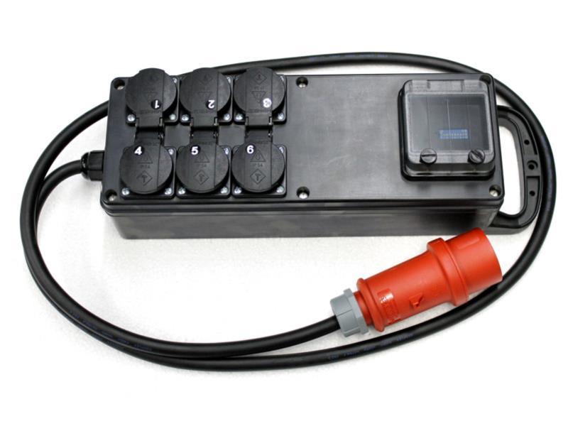 Ultralite Switchpack 06x08A, Vollgummi, DMX, In: CEE16A, 5p Kabel 2m, Out: 6x Schuko, 2 Stück pro Phase (max. 16A/ph)