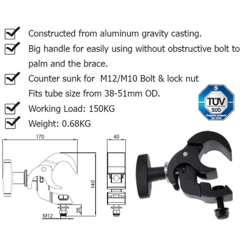 Ultralite Coupler, Speed Coupler, schwarz, M12-Schraube für Rohre 38-51mm, Code: KCP-810B, mit TÜV