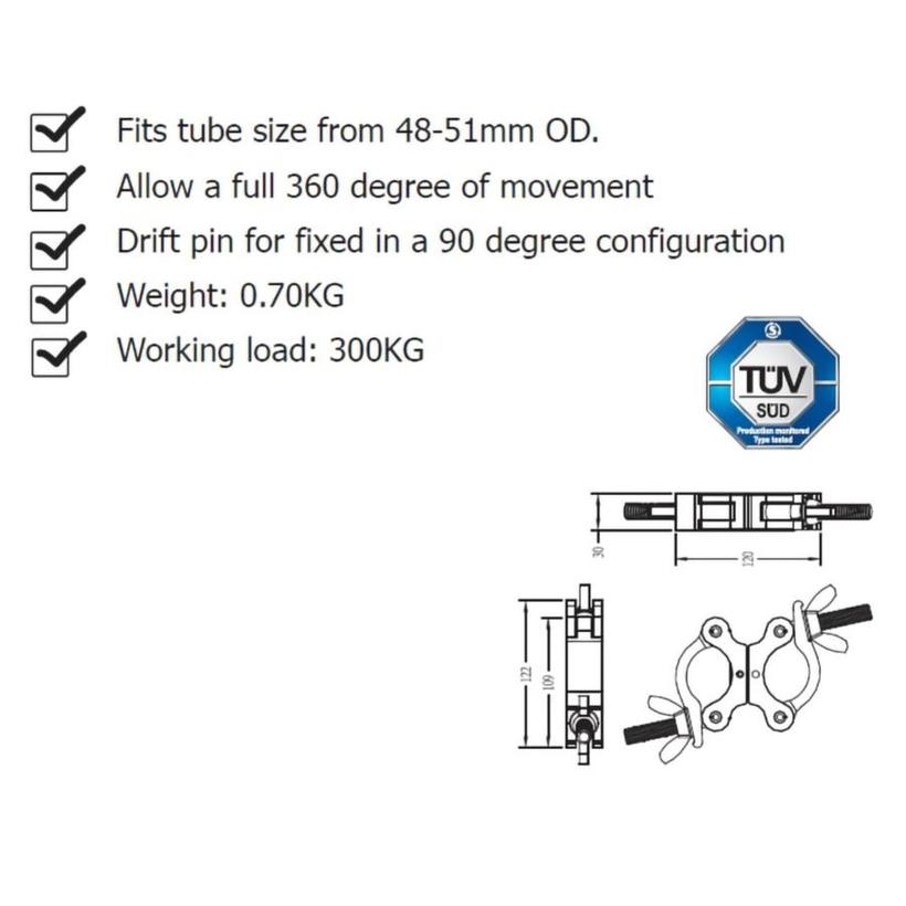 Ultralite Coupler, Slim Swivel Coupler 30mm, SCHWARZ Doppelschelle für 48-51mm, mit TÜV, 300kg, Code: KCP-820B