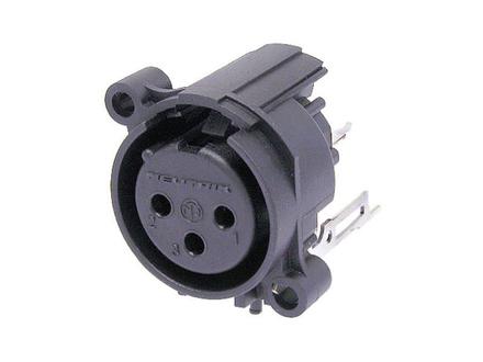 Neutrik 3pol-XLR Chassisbu., Erdung: Sep. Massekontakt m. d. Geh. des Gegenst.& FrontPanel, vert.Leiterpl. Rückhaltefeder