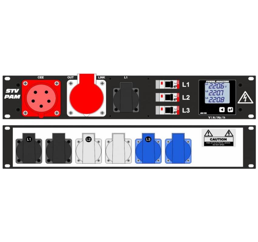 Ultralite Stromvert. STVPAM 16A, IN: CEE16 Anbaust./vorne OUT: 1 CEE16, 1 Schuko vorne, 6 Schuko rücks., 3 LS C16