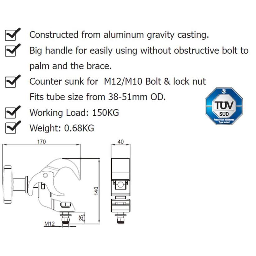 Ultralite Coupler, Speed Coupler, silber, M12-Schraube für Rohre 38-51mm, Code: KCP-810, mit TÜV