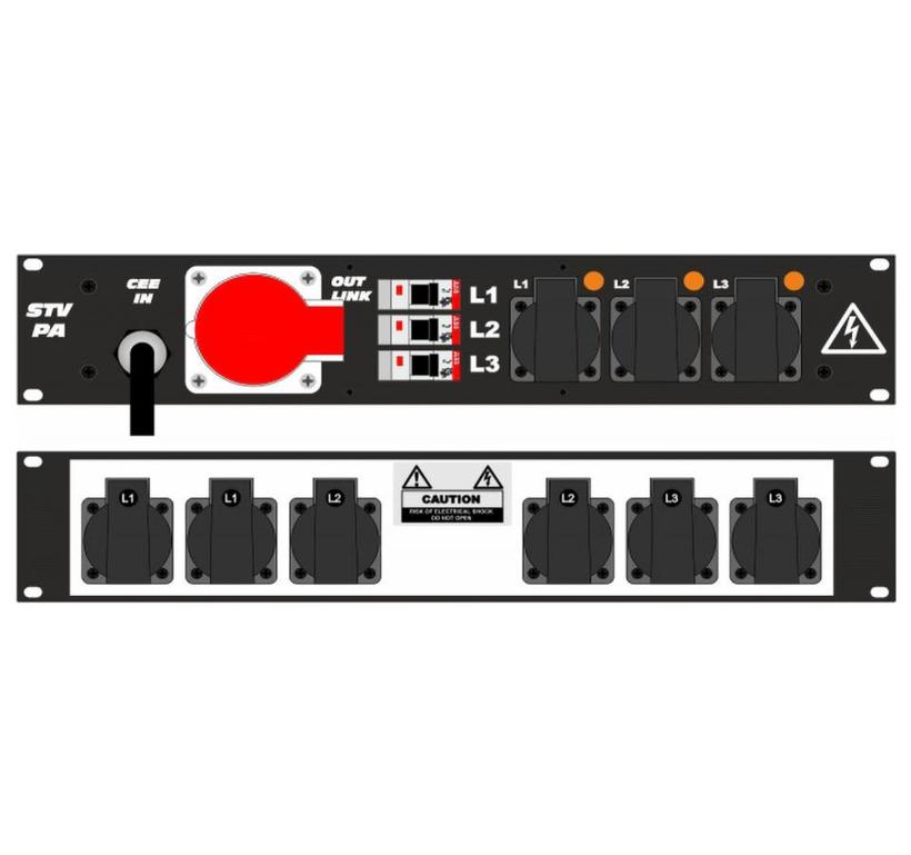 Ultralite Stromvert. STVPA 32A, IN: CEE32 Kabel 2m/vorne OUT: 1 CEE32, 3 Schuko vorne., 6 Schuko rücks., 3 LS C16