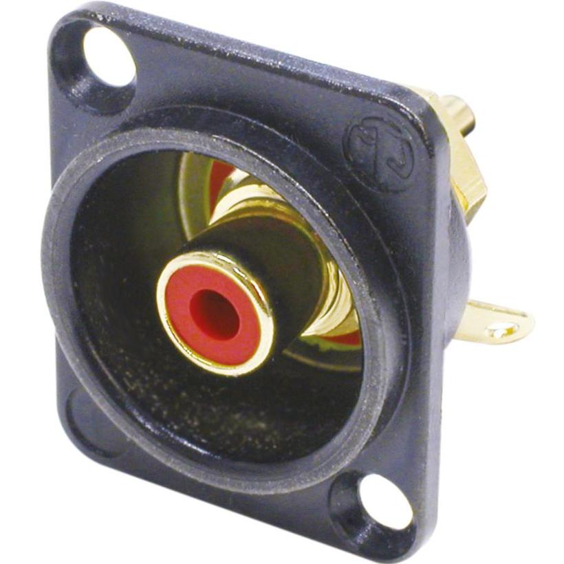 Neutrik Cinch (RCA) Buchse im schwarz-verchromtem D-Gehäuse mit roter Isolierscheibe, Lötanschluss