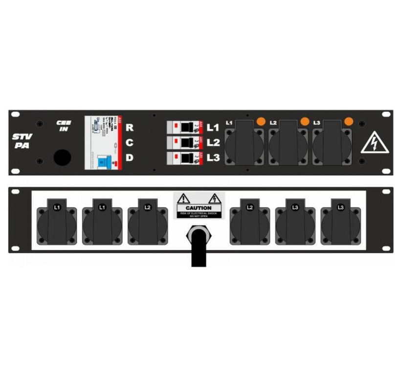 Ultralite Stromvert. STVPA 32A, FI, IN: CEE32 Kabel 2m/vorne OUT: 3 Schuko vorne., 6 Schuko rücks., 3 LS C16