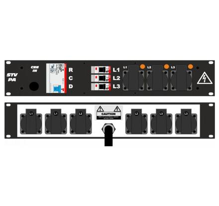 Ultralite Stromvert. STVPA 32A, FI, IN: CEE32 Kabel 2m/vorne OUT: 3 Schuko vorne., 6 Schuko rücks., 3 LS C16