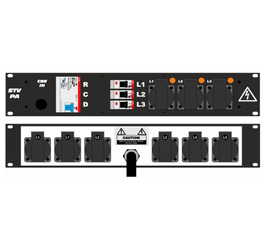 Ultralite Stromvert. STVPA 32A, FI, IN: CEE32 Kabel 2m/vorne OUT: 3 Schuko vorne., 6 Schuko rücks., 3 LS C16