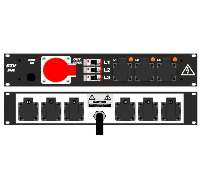 Ultralite Stromvert. STVPA 32A, IN: CEE32 Kabel 2m/rücks. OUT: 1 CEE32, 3 Schuko vorne., 6 Schuko rücks., 3 LS C16