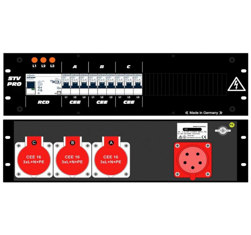 Ultralite Stromvert. STV 32A, FI, IN: CEE32 Anbaust./rücks. OUT: 3 CEE16 rücks., 9 LS C16