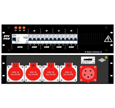 Ultralite Stromvert. 19" Gehäuse, 3HE, schwarz IN: 32A CEE (back), OUT: 4x CEE16, 12x LS C16, FI