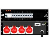 Ultralite Stromvert. STV 32A, FI, 19" Gehäuse 2HE, schwarz OUT: 4 CEE16 rücks., 12 LS C16,  IN: CEE32 Kabel 2m/rücks.