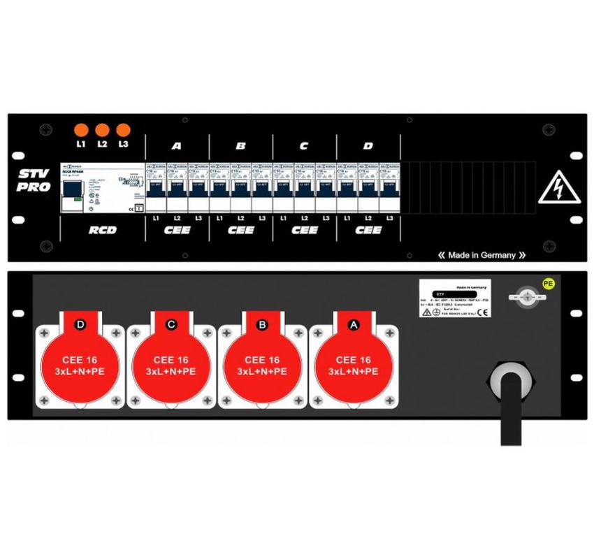 Ultralite Stromvert. STV 32A, FI, 19" Gehäuse 2HE, schwarz OUT: 4 CEE16 rücks., 12 LS C16,  IN: CEE32 Kabel 2m/rücks.