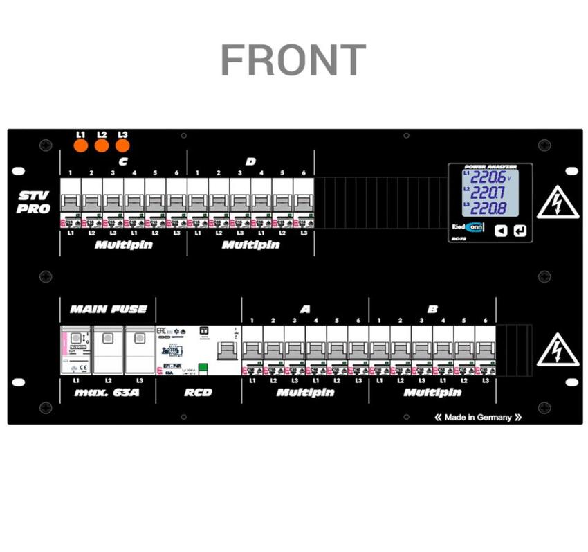 Ultralite Stromverteiler STV 63/-4/16p/M/1,5K 19" Gehäuse 6HE, schwarz gepulvert, IN: Stecker CEE63A 400V 5p, OUT: 4x
